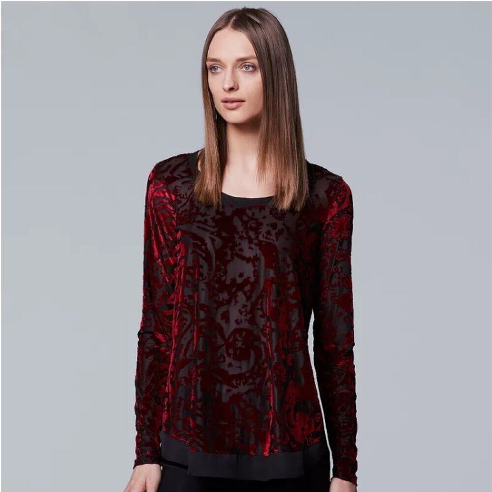 Simply Vera Wang Whimsygoth Crushed Velvet Top Medium Red Black Vamp Witchy Glam